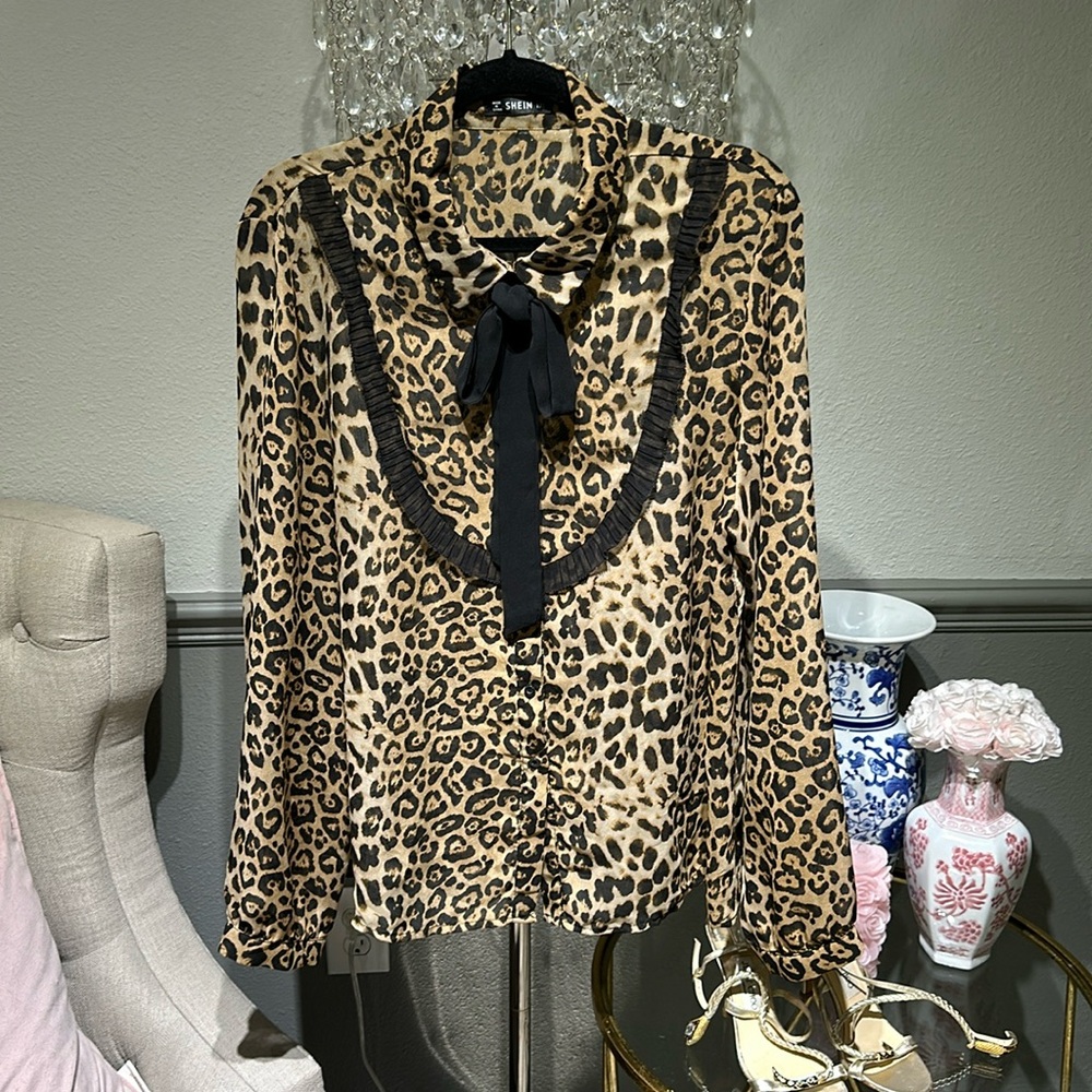 SHEIN cheetah and bow button down blouse